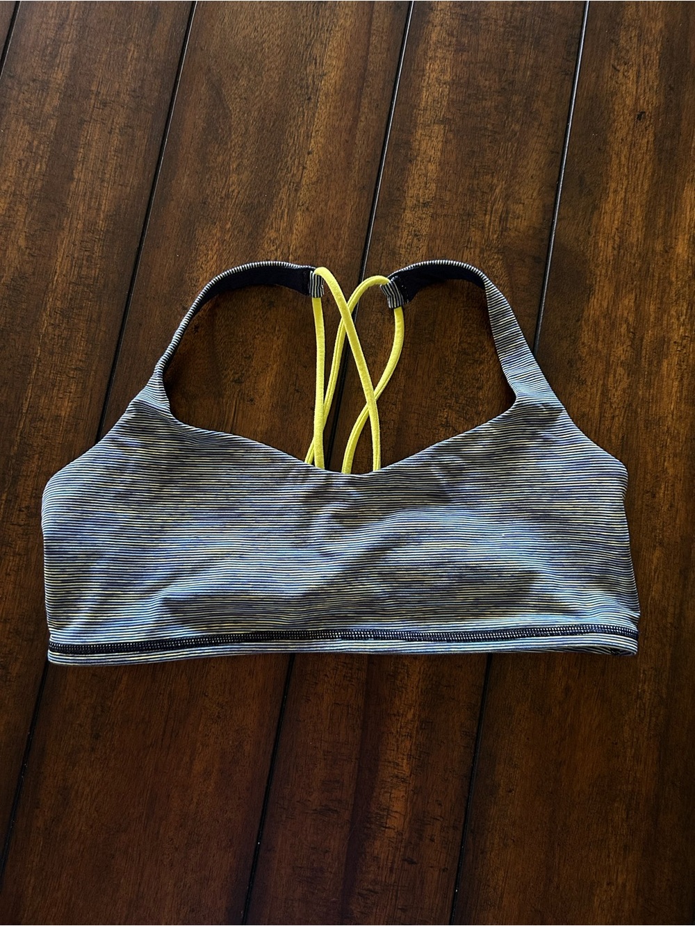 lululemon athletica Gray Striped Sports Bra with Neon Yellow Crisscross Straps